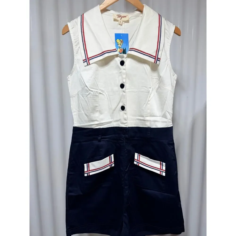 NWT Tatyana Bimmy Nautical Romper Navy White Sailor Collar Pinup Rockabilly L